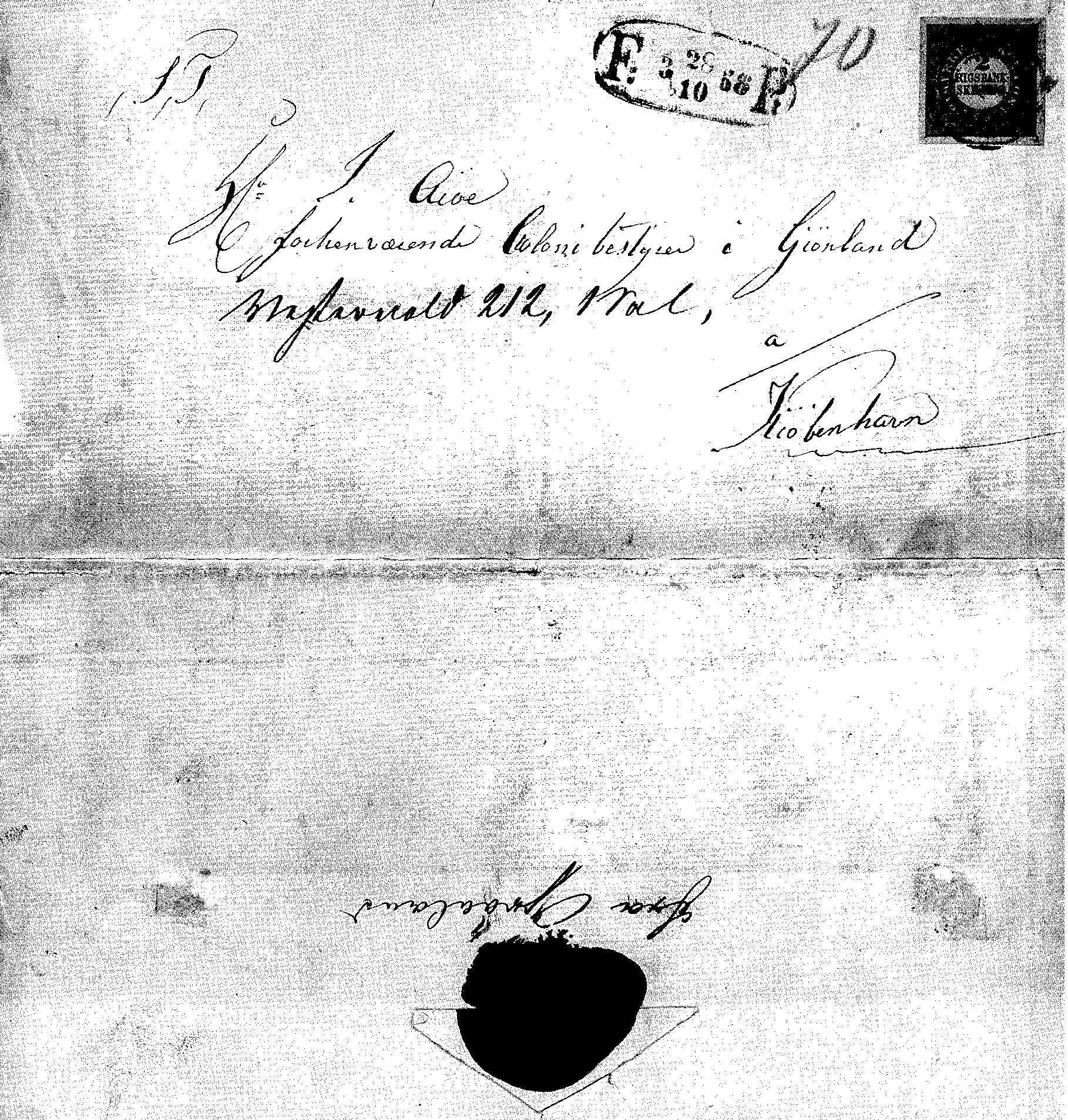 2rbs brev 1856, kartenummer 70. frankeret i Kbh. og befordret med byposten. Påført oprindelse ved blæknote, Fra Grønland