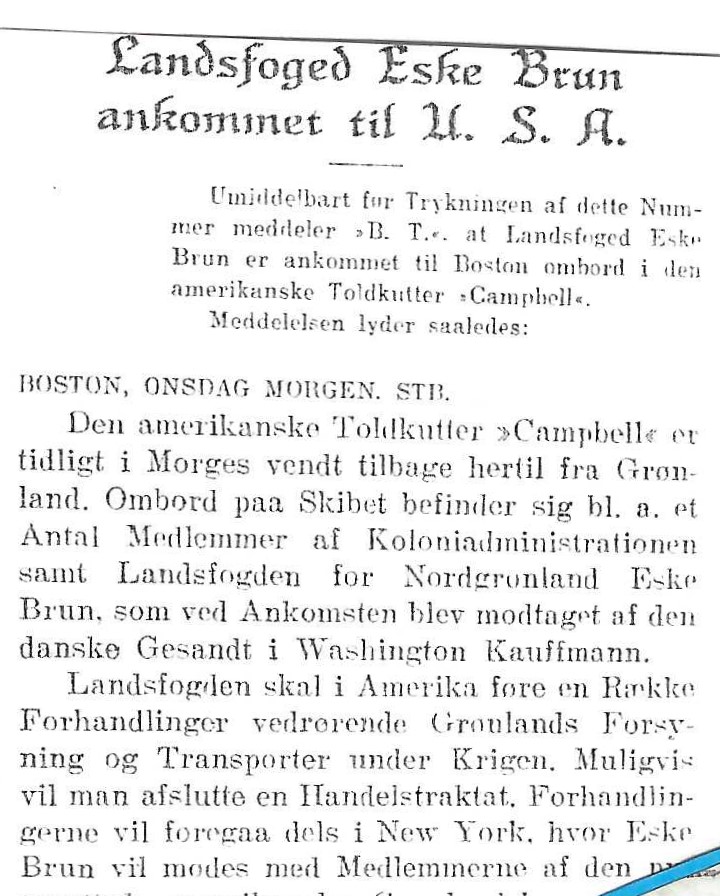 Tidligste danske krigspost til Grønland ankom via NY på et skrigsskib, Toldkutter Campbell.