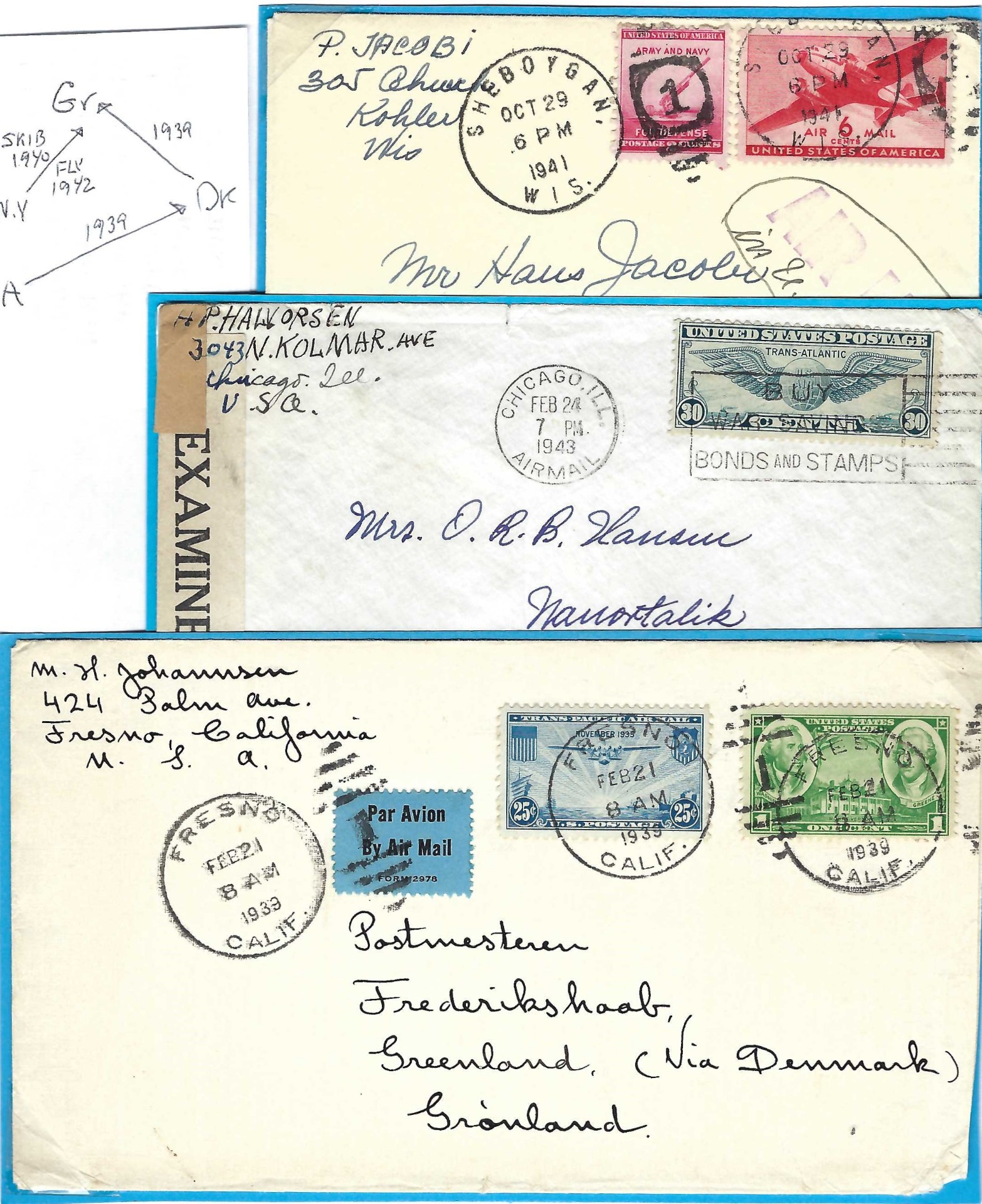 Flyforbindelse USA-Grønland, ændres radikalt. 1939 går posten to gange over atlanten, til Danmark og fra Danmark. Fra 1941 er der muiighed for befordring til/fra via USA. 1943 åbnes mulighed for luftpost direkte til Grønland.