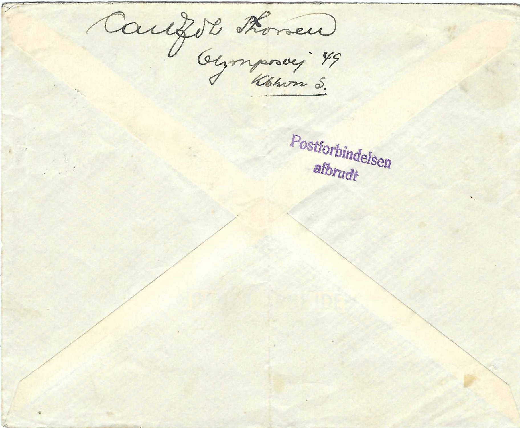 For og bagside af brev der gik retur da Disko blev tilbageholdt ved Danmarksbesættelse 1940. Årsagen bag at enkelte breve gik retur med særligt sidestempel, Postforbindelse afbrudt mens størstedelen af posten blev viderebefordret via Lissabon er ukendt.