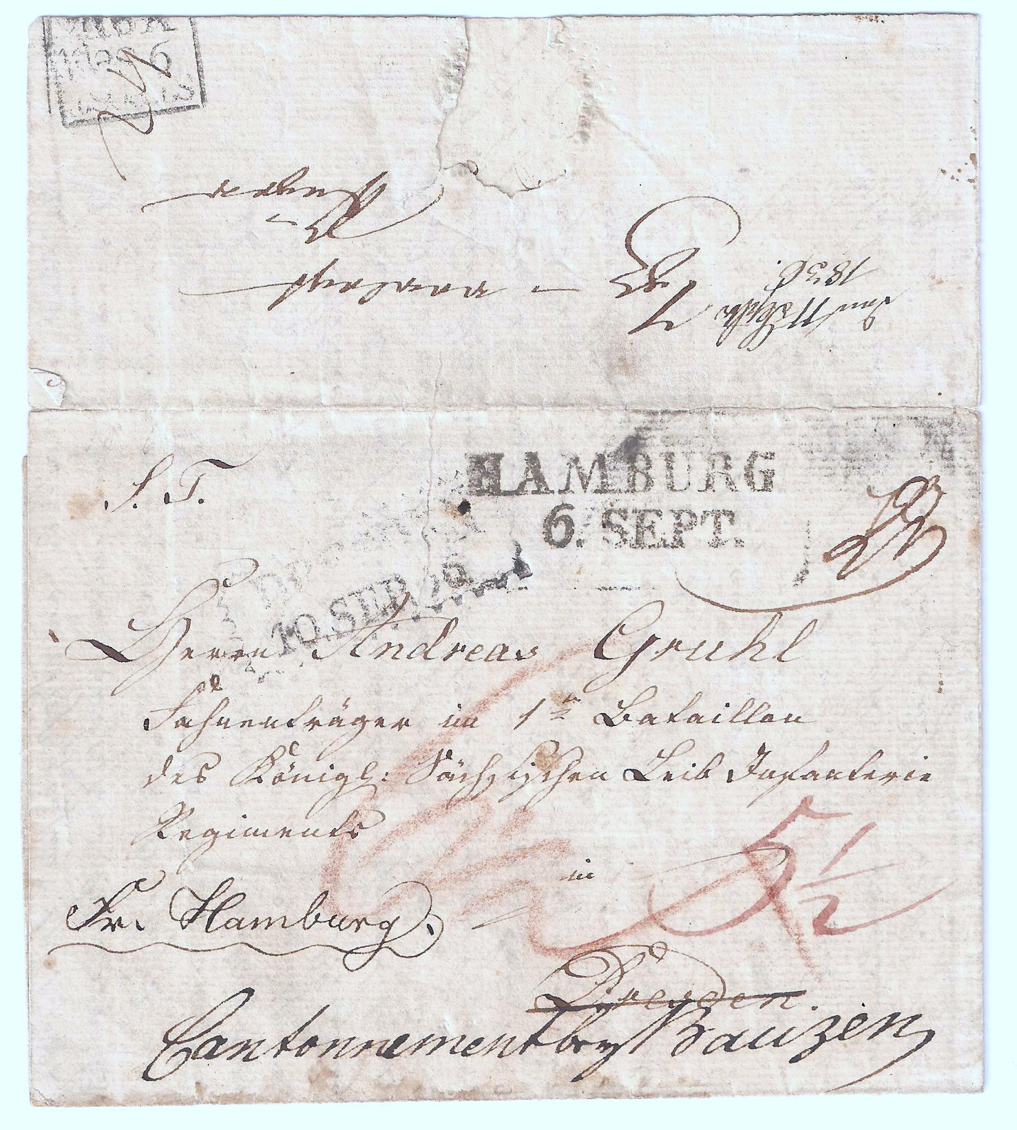 Brev fra Herrnhut missionen ved Godthaab 1836 til Tyskland. Påtegnet 29, takst fra københavn til Hamburg. Eneste kendte brev fra munk på Grønland
