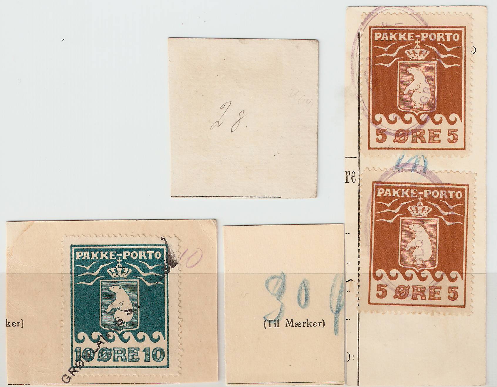Frankering indtil adressekortene blev obligatoriske skete formentlig straks direkte på pakkens indpakningspapir. Fra omkring 1909 blev taksten noteret øverst mod venstre på adressekortet, en rutine der fortsatte i hele pakkeportomærkernes brugsperiode.